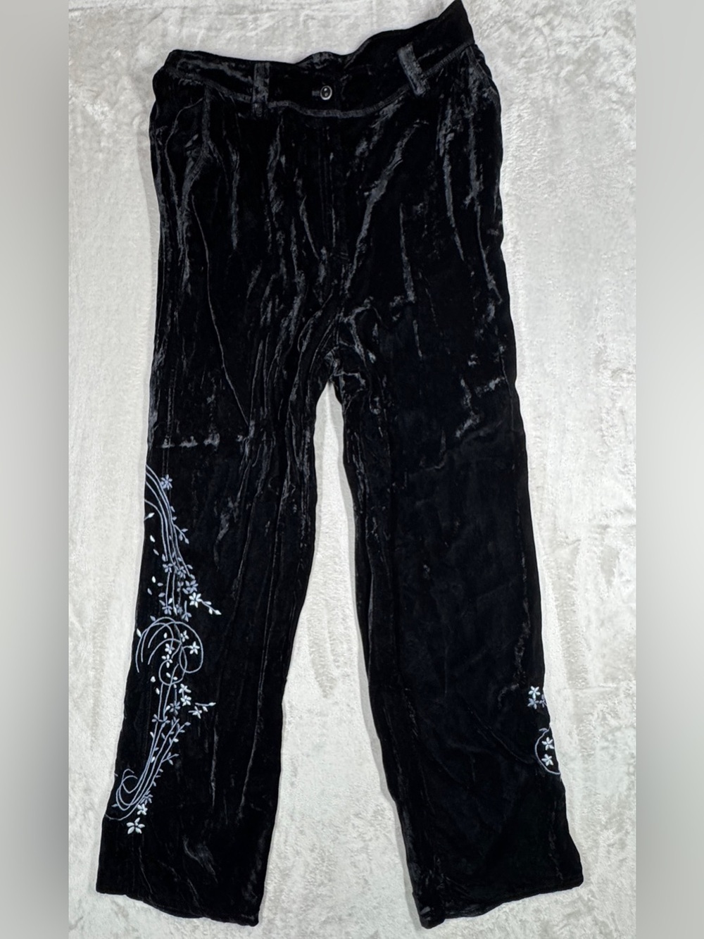 J.Jill Black Crushed Velvet Floral Embroidered Straight Trouser Pants Size 12